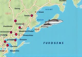 Stylized map indicating prime fishing spots around Fukuoka